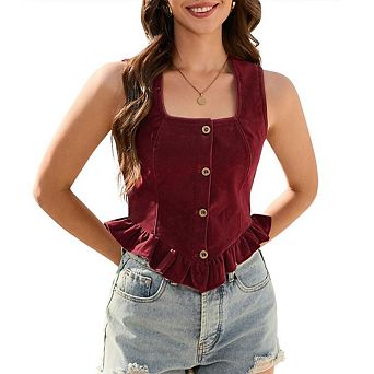 Women's Versatile Blazer Vest Waistcoat Vest Top Square Neck Ruffled Corset Vest Dressy Button Down