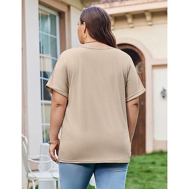 Zeagoo Women's Plus Size V Neck Short Sleeve Striped Loose Fit Casual Summer Blouses