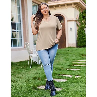 Zeagoo Women's Plus Size V Neck Short Sleeve Striped Loose Fit Casual Summer Blouses