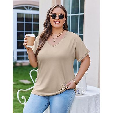 Zeagoo Women's Plus Size V Neck Short Sleeve Striped Loose Fit Casual Summer Blouses