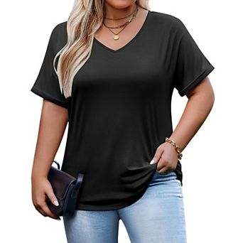 Zeagoo Women's Plus Size V Neck Short Sleeve Striped Loose Fit Casual Summer Blouses