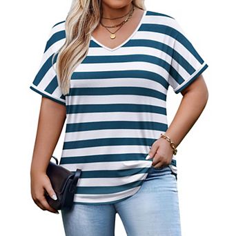 Zeagoo Women's Plus Size V Neck Short Sleeve Striped Loose Fit Casual Summer Blouses