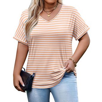Zeagoo Women's Plus Size V Neck Short Sleeve Striped Loose Fit Casual Summer Blouses