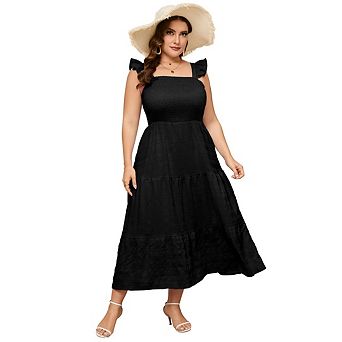 Women's Casual Boho Midi Dress Dresses Summer Sleeveless Smocked Square Neck Ruffle Dress