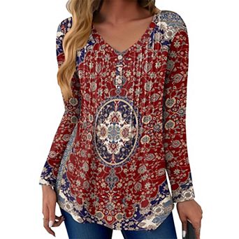 Zeagoo Women's Boho Long Sleeve V Neck Blouses Dressy Casual Business Work Tops
