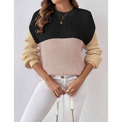 Zeagoo Women's Oversized Crew Neck Long Sleeve Color Block Rib Knit Pullover Sweater Tops