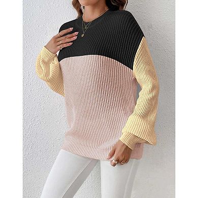 Zeagoo Women's Oversized Crew Neck Long Sleeve Color Block Rib Knit Pullover Sweater Tops