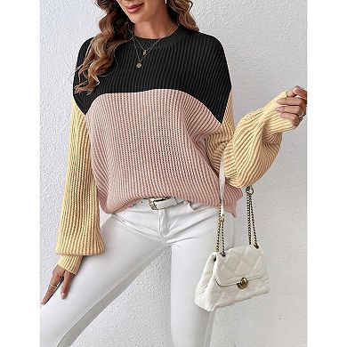 Zeagoo Women's Oversized Crew Neck Long Sleeve Color Block Rib Knit Pullover Sweater Tops
