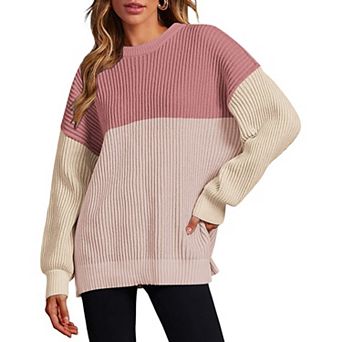 Zeagoo Women's Oversized Crew Neck Long Sleeve Color Block Rib Knit Pullover Sweater Tops
