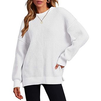 Zeagoo Women's Oversized Crew Neck Long Sleeve Color Block Rib Knit Pullover Sweater Tops