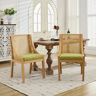 Pnronnc Linen Upholstered Wingback Dining Chair wRattan Back Rustic Wooden Side Chairs for Kitchen