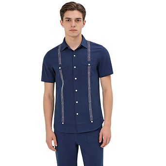 Mens Short Sleeve Shirts Linen Cotton Guayabera Embroidered Wedding Shirt Summer Beach Tops