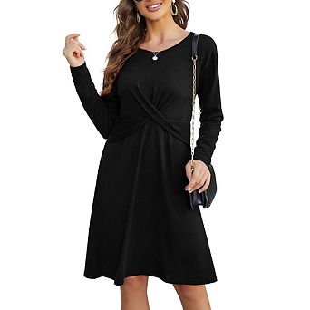Women's Flowy A Line High Low Midi Dress Long Sleeve Dresses Ruched Waist Crew Neck Dress