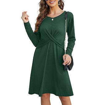 Women's Flowy A Line High Low Midi Dress Long Sleeve Dresses Ruched Waist Crew Neck Dress