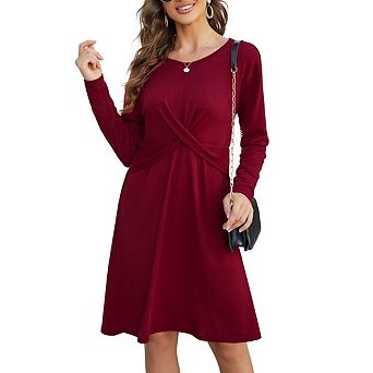 Women's Flowy A Line High Low Midi Dress Long Sleeve Dresses Ruched Waist Crew Neck Dress