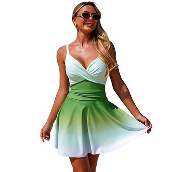 Women's One Piece Swimsuit V Neck Swim Dress Tummy Control Skirt Swimwear Summer Casual Swimsuit