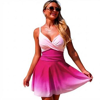 Women's One Piece Swimsuit V Neck Swim Dress Tummy Control Skirt Swimwear Summer Casual Swimsuit