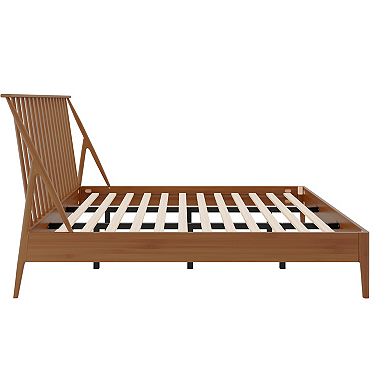 Pnronnc Solid Bamboo Wood Spindle Platform Bed wHeadboard, Bohemian Bed wWood Slats, Metal Support
