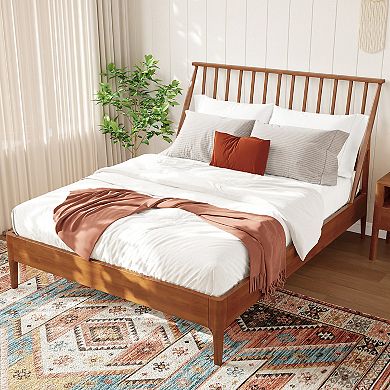 Pnronnc Solid Bamboo Wood Spindle Platform Bed wHeadboard, Bohemian Bed wWood Slats, Metal Support