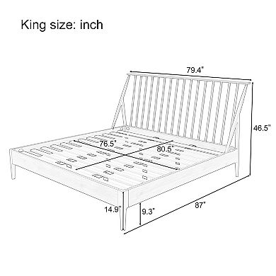Pnronnc Solid Bamboo Wood Spindle Platform Bed wHeadboard, Bohemian Bed wWood Slats, Metal Support