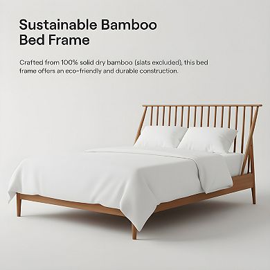 Pnronnc Solid Bamboo Wood Spindle Platform Bed wHeadboard, Bohemian Bed wWood Slats, Metal Support
