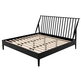 Pnronnc Solid Bamboo Wood Spindle Platform Bed wHeadboard, Bohemian Bed wWood Slats, Metal Support
