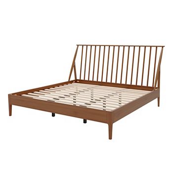 Pnronnc Solid Bamboo Wood Spindle Platform Bed wHeadboard, Bohemian Bed wWood Slats, Metal Support