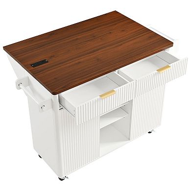 Pnronnc 52" Fluted Kitchen Island Storage Cart with Drop Leaf and 2 Drawers Rolling Island Table