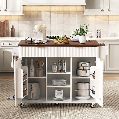 Pnronnc 52" Fluted Kitchen Island Storage Cart with Drop Leaf and 2 Drawers Rolling Island Table