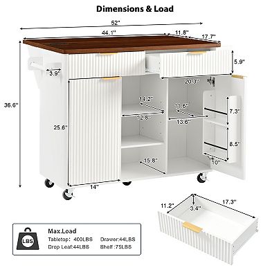 Pnronnc 52" Fluted Kitchen Island Storage Cart with Drop Leaf and 2 Drawers Rolling Island Table