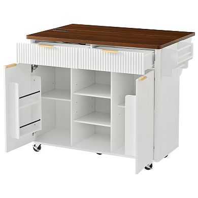Pnronnc 52" Fluted Kitchen Island Storage Cart with Drop Leaf and 2 Drawers Rolling Island Table