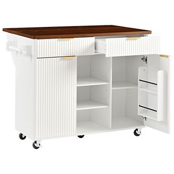 Pnronnc 52" Fluted Kitchen Island Storage Cart with Drop Leaf and 2 Drawers Rolling Island Table