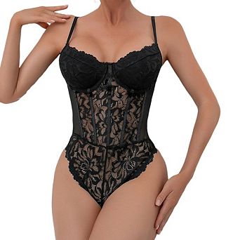 Women Corset Top Floral Lace Mesh Sheer Bodysuit Cami Outfits