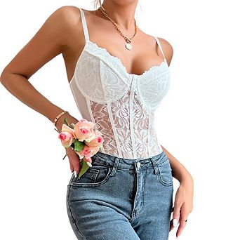 Women Corset Top Floral Lace Mesh Sheer Bodysuit Cami Outfits