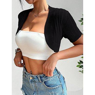 Women Knit Cropped Cardigan Short Sleeve Lightweight Shrug