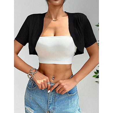 Women Knit Cropped Cardigan Short Sleeve Lightweight Shrug