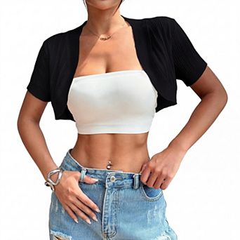 Women Knit Cropped Cardigan Short Sleeve Lightweight Shrug
