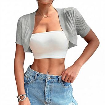 Women Knit Cropped Cardigan Short Sleeve Lightweight Shrug