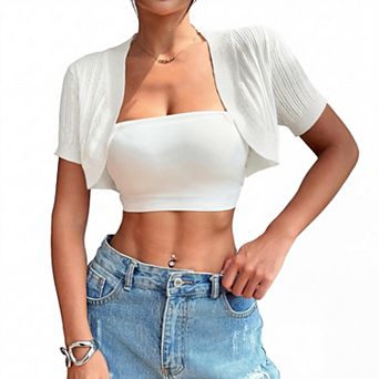 Women Knit Cropped Cardigan Short Sleeve Lightweight Shrug