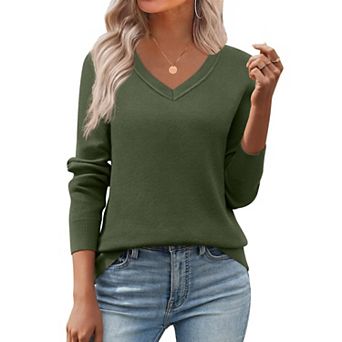 Zeagoo Women's Fall V Neck Sweater Trendy Long Sleeve Lightweight Ribbed Knit Pullover Tops