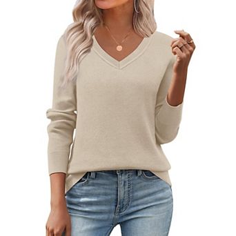 Zeagoo Women's Fall V Neck Sweater Trendy Long Sleeve Lightweight Ribbed Knit Pullover Tops
