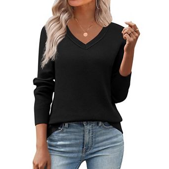 Zeagoo Women's Fall V Neck Sweater Trendy Long Sleeve Lightweight Ribbed Knit Pullover Tops