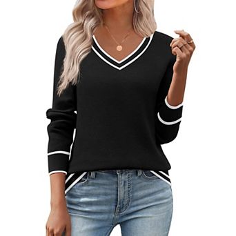 Zeagoo Women's Fall V Neck Sweater Trendy Long Sleeve Lightweight Ribbed Knit Pullover Tops