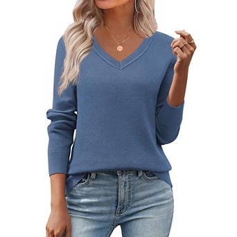 Zeagoo Women's Fall V Neck Sweater Trendy Long Sleeve Lightweight Ribbed Knit Pullover Tops