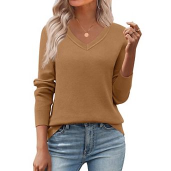Zeagoo Women's Fall V Neck Sweater Trendy Long Sleeve Lightweight Ribbed Knit Pullover Tops