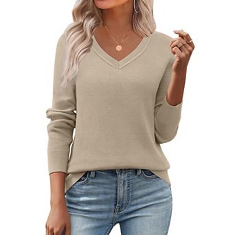 Zeagoo Women's Fall V Neck Sweater Trendy Long Sleeve Lightweight Ribbed Knit Pullover Tops