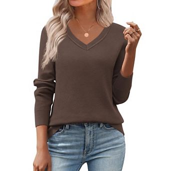 Zeagoo Women's Fall V Neck Sweater Trendy Long Sleeve Lightweight Ribbed Knit Pullover Tops