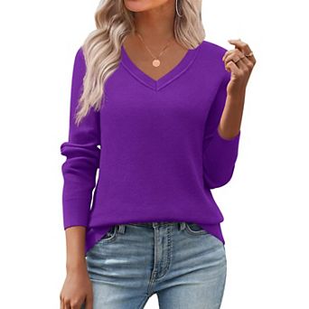 Zeagoo Women's Fall V Neck Sweater Trendy Long Sleeve Lightweight Ribbed Knit Pullover Tops