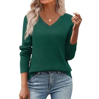 Zeagoo Women's Fall V Neck Sweater Trendy Long Sleeve Lightweight Ribbed Knit Pullover Tops