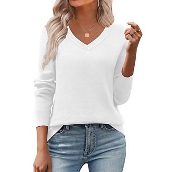 Zeagoo Women's Fall V Neck Sweater Trendy Long Sleeve Lightweight Ribbed Knit Pullover Tops